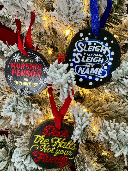 Funny Wood Slice Christmas Ornaments – Customizable Quotes & Sparkly Vinyl Design