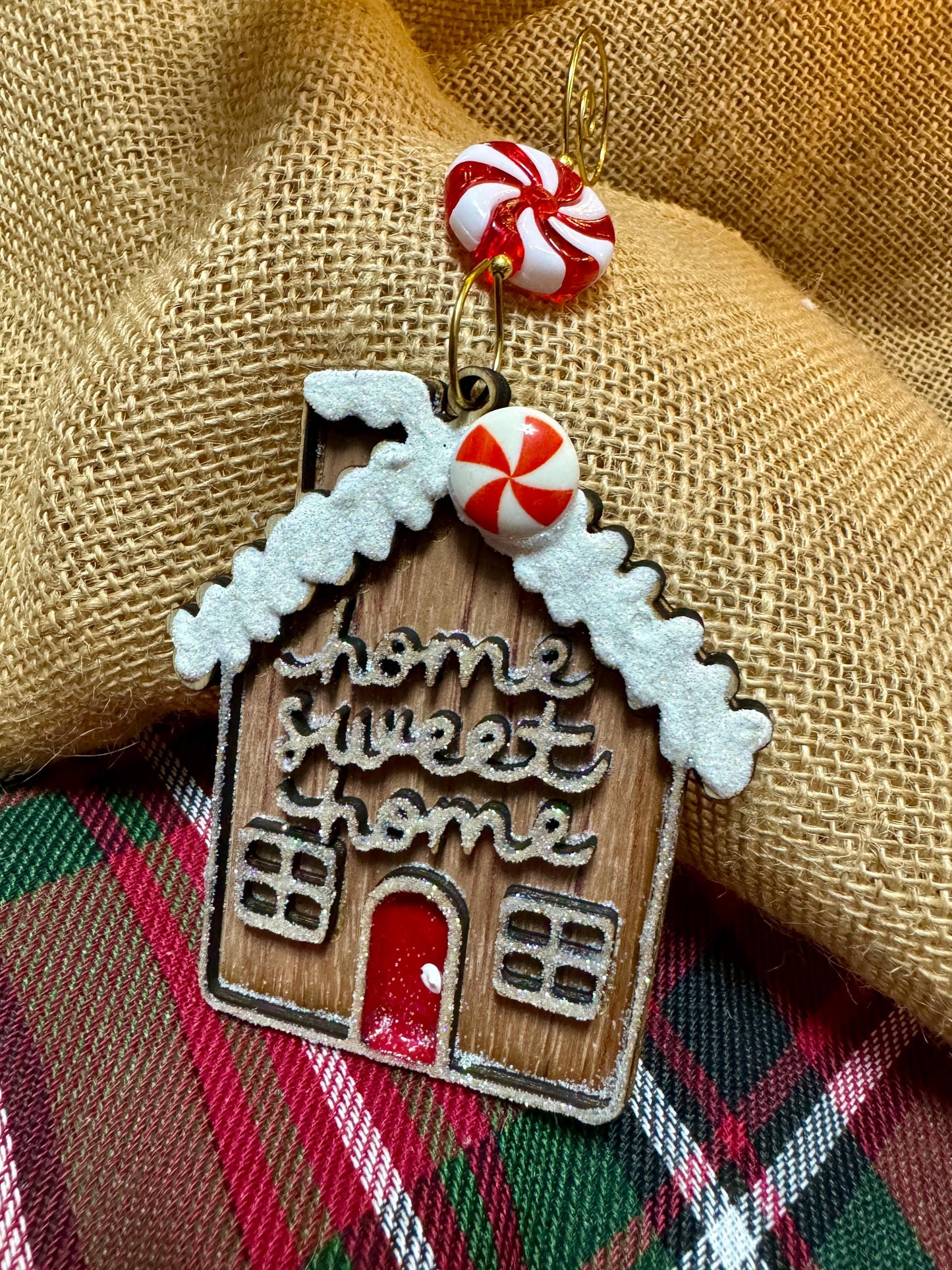 Handmade Gingerbread House Ornament – Home Sweet Home with Peppermint Candy Hanger