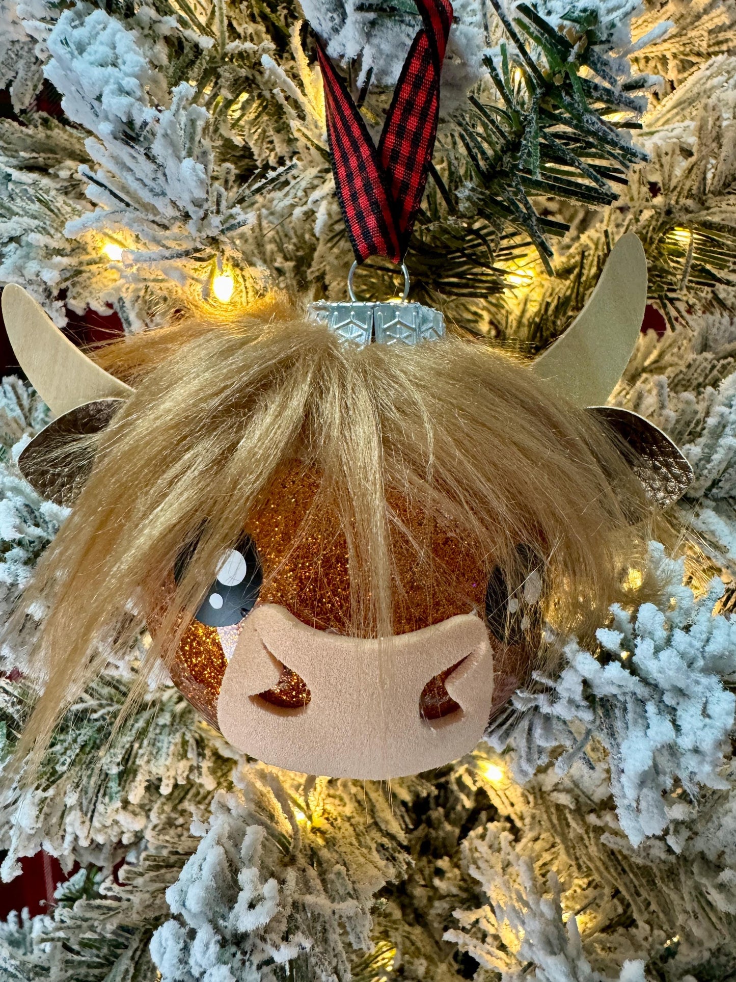 Highland Cow Ornament: Copper Glitter Bulb with Faux Fur