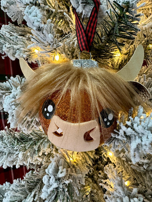 Highland Cow Ornament: Copper Glitter Bulb with Faux Fur