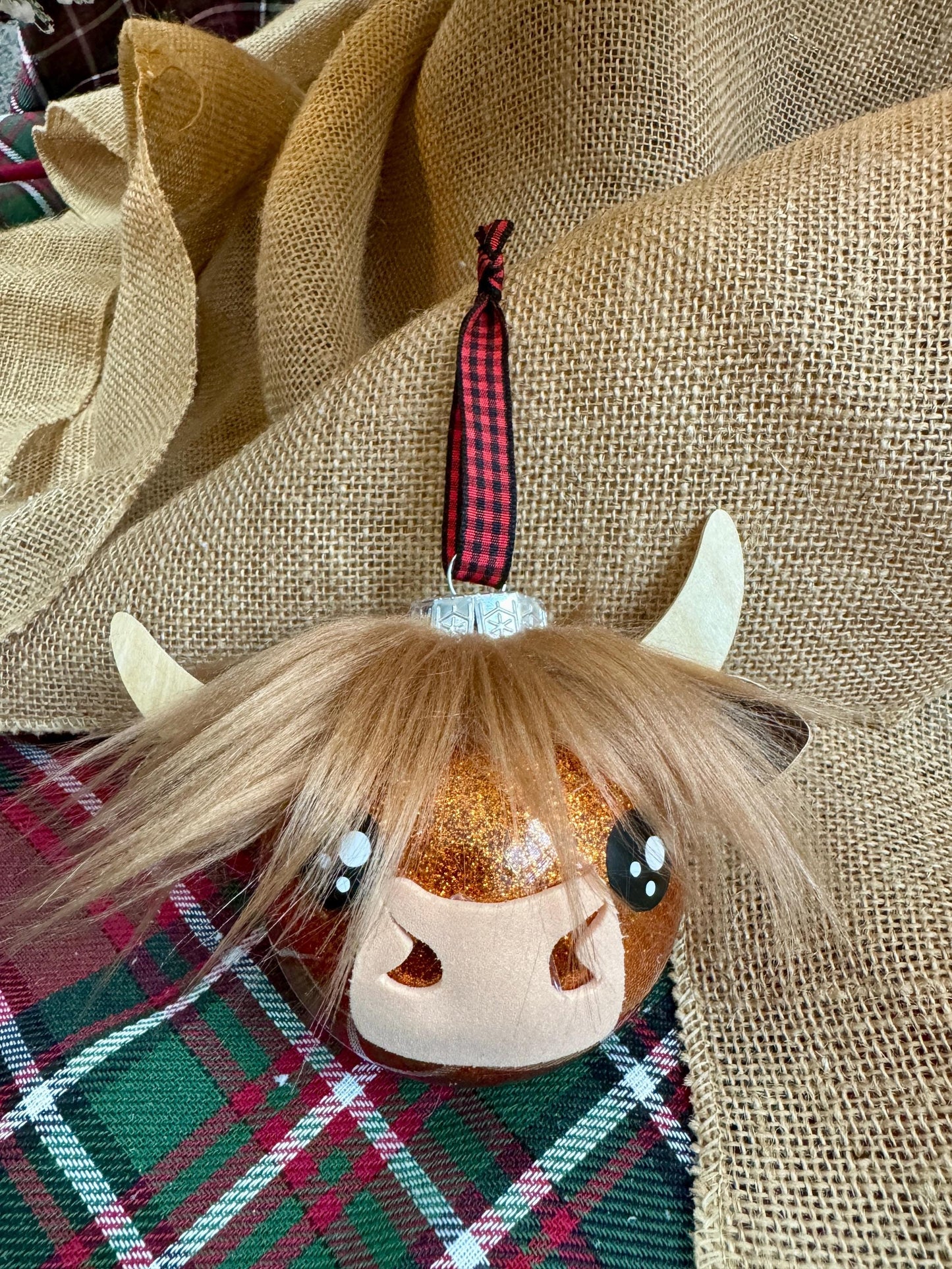 Highland Cow Ornament: Copper Glitter Bulb with Faux Fur
