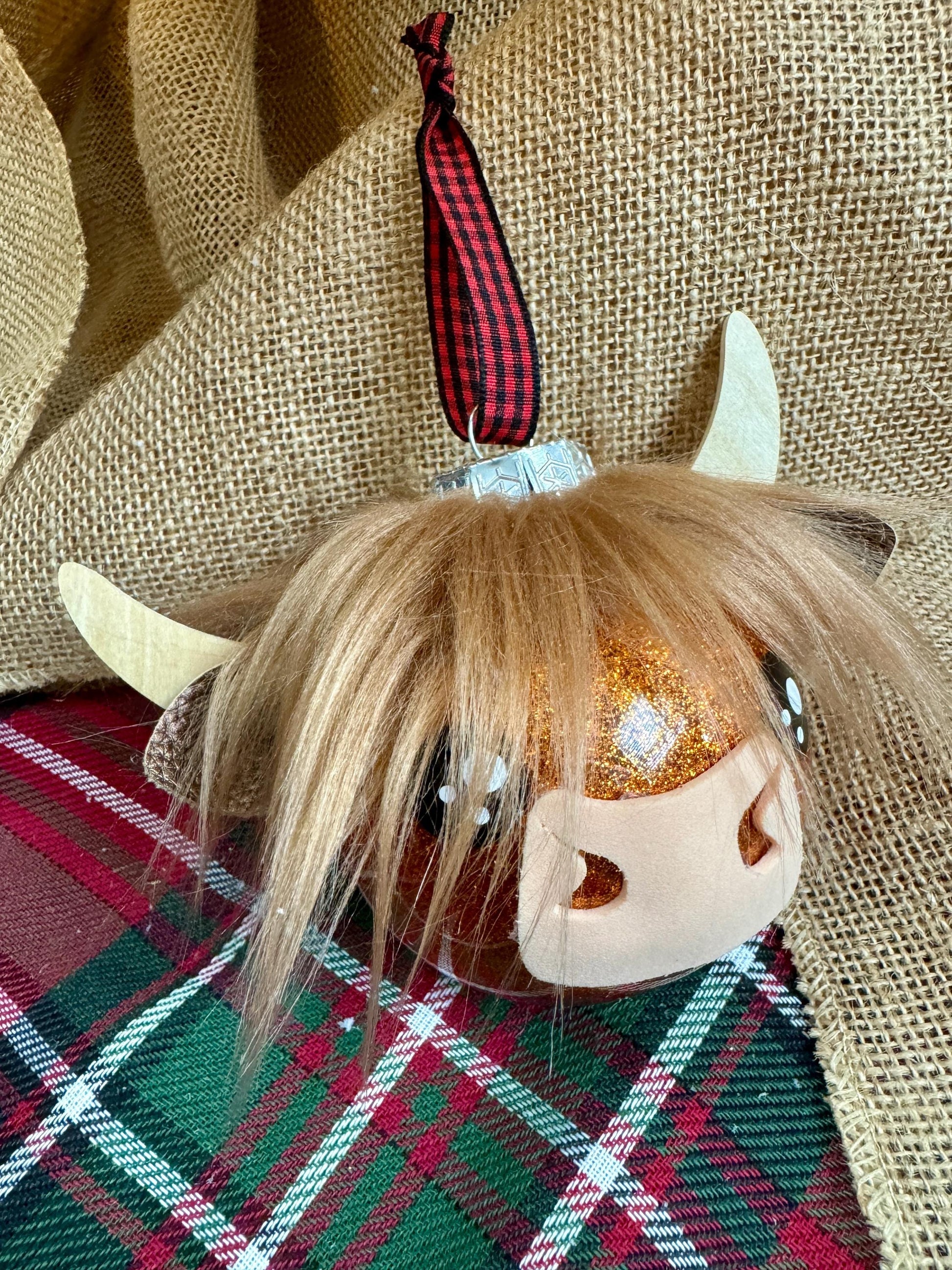 Highland Cow Ornament: Copper Glitter Bulb with Faux Fur