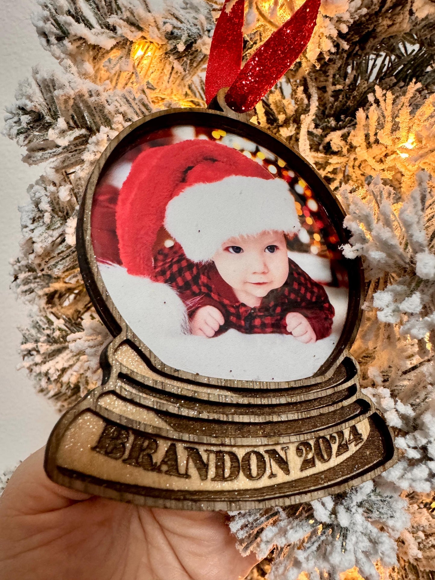 Personalized Photo Snow Globe Ornament: Engraved Wood Christmas Keepsake