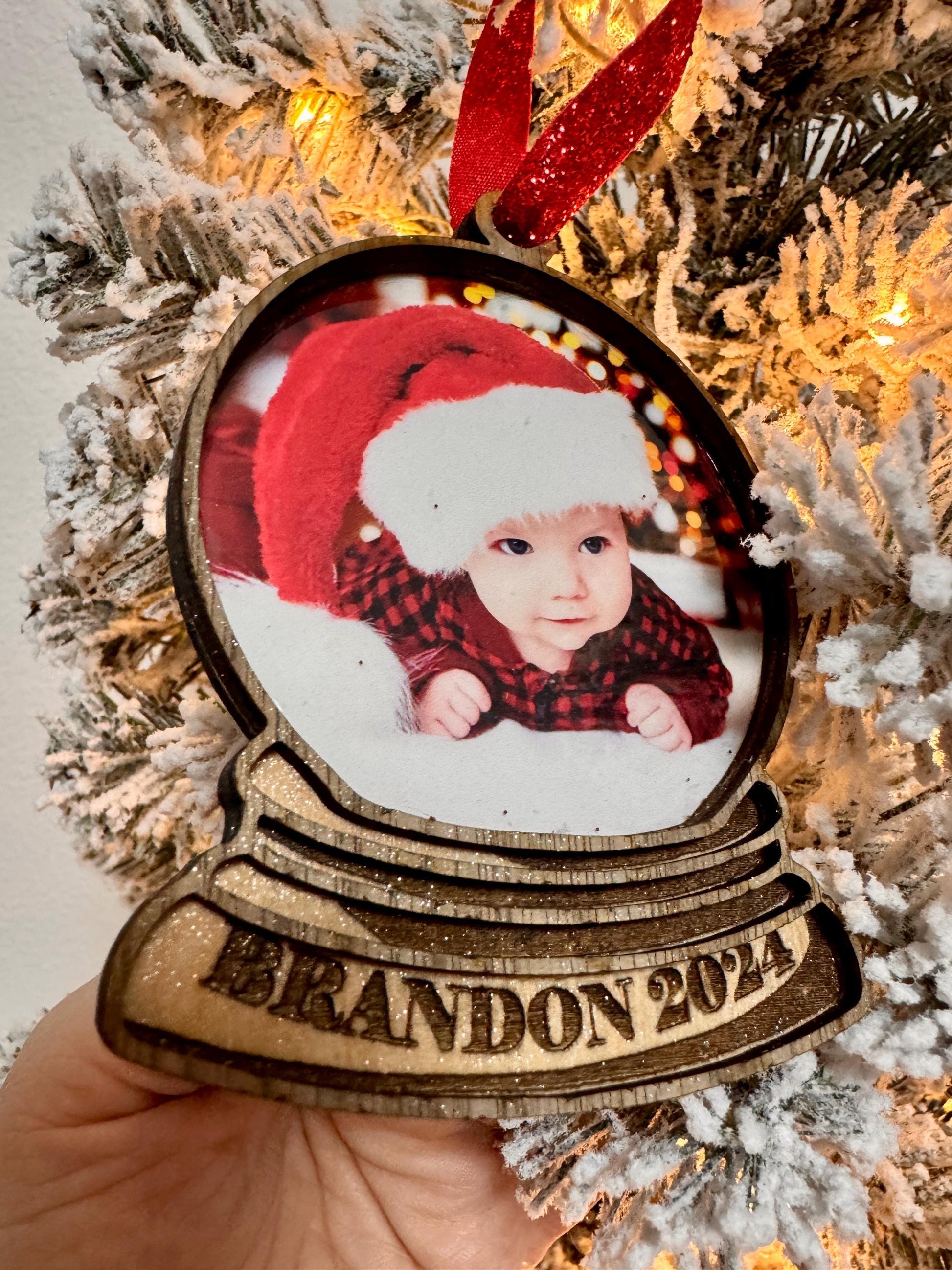Personalized Photo Snow Globe Ornament: Engraved Wood Christmas Keepsake