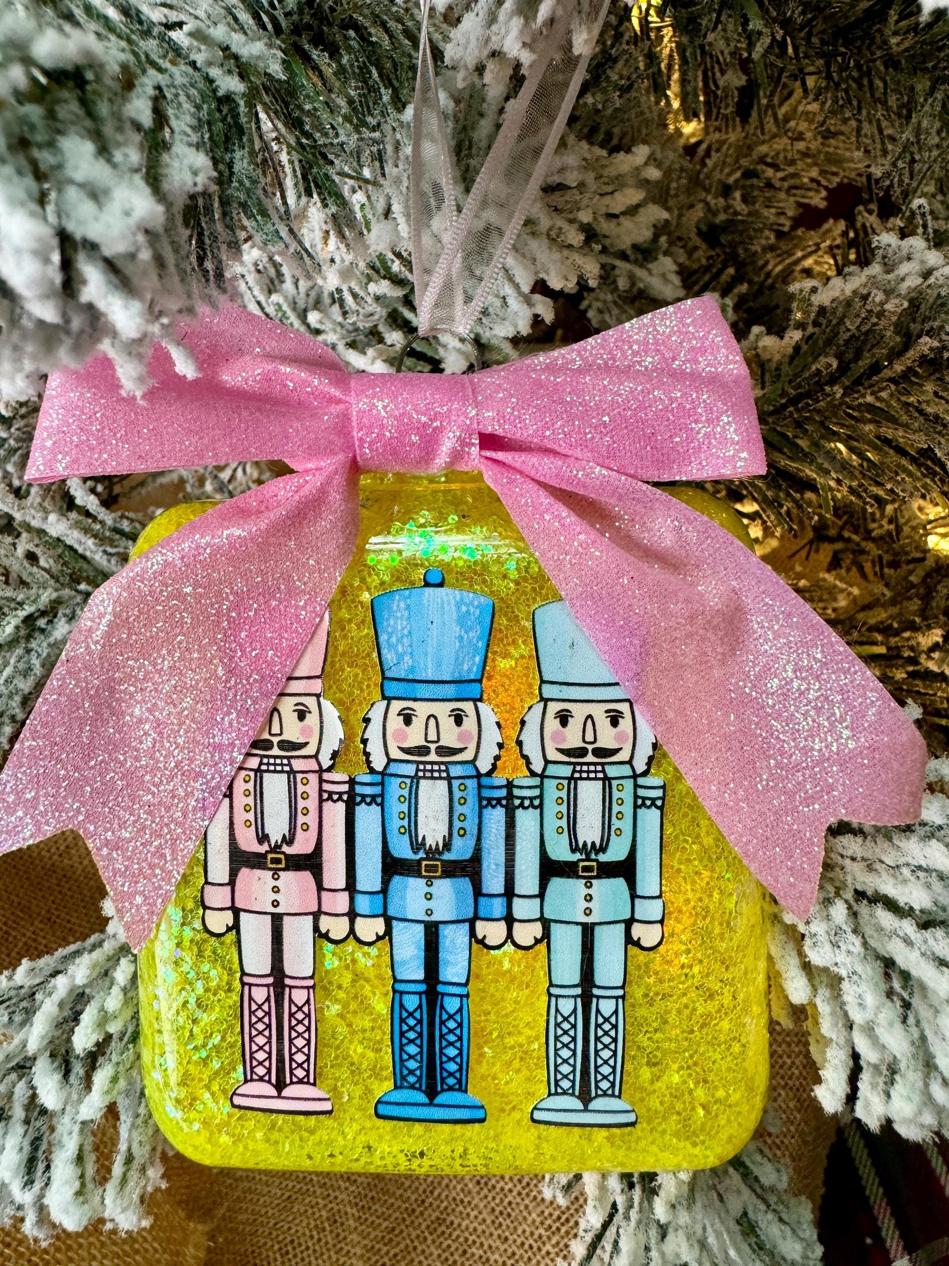 Glitter Nutcracker Christmas Ornament: Square Shatterproof Decor with Bow