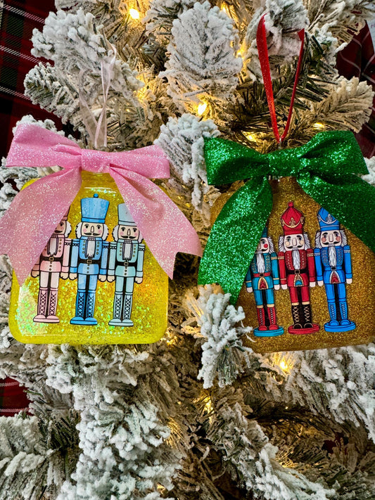 Glitter Nutcracker Christmas Ornament: Square Shatterproof Decor with Bow