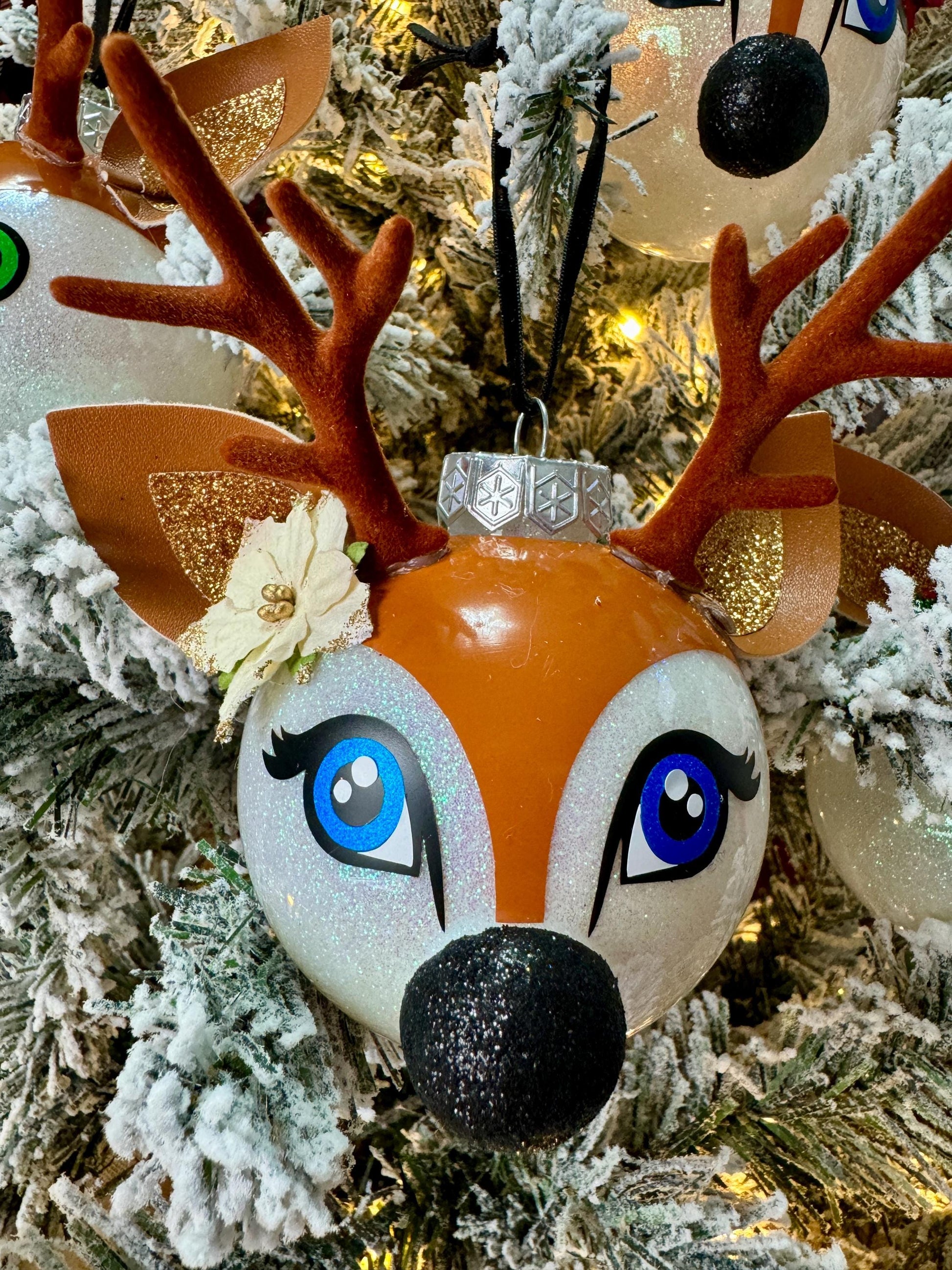 Kawaii Reindeer Christmas Ornament: Glitter Shatterproof Ornament with Felt Details