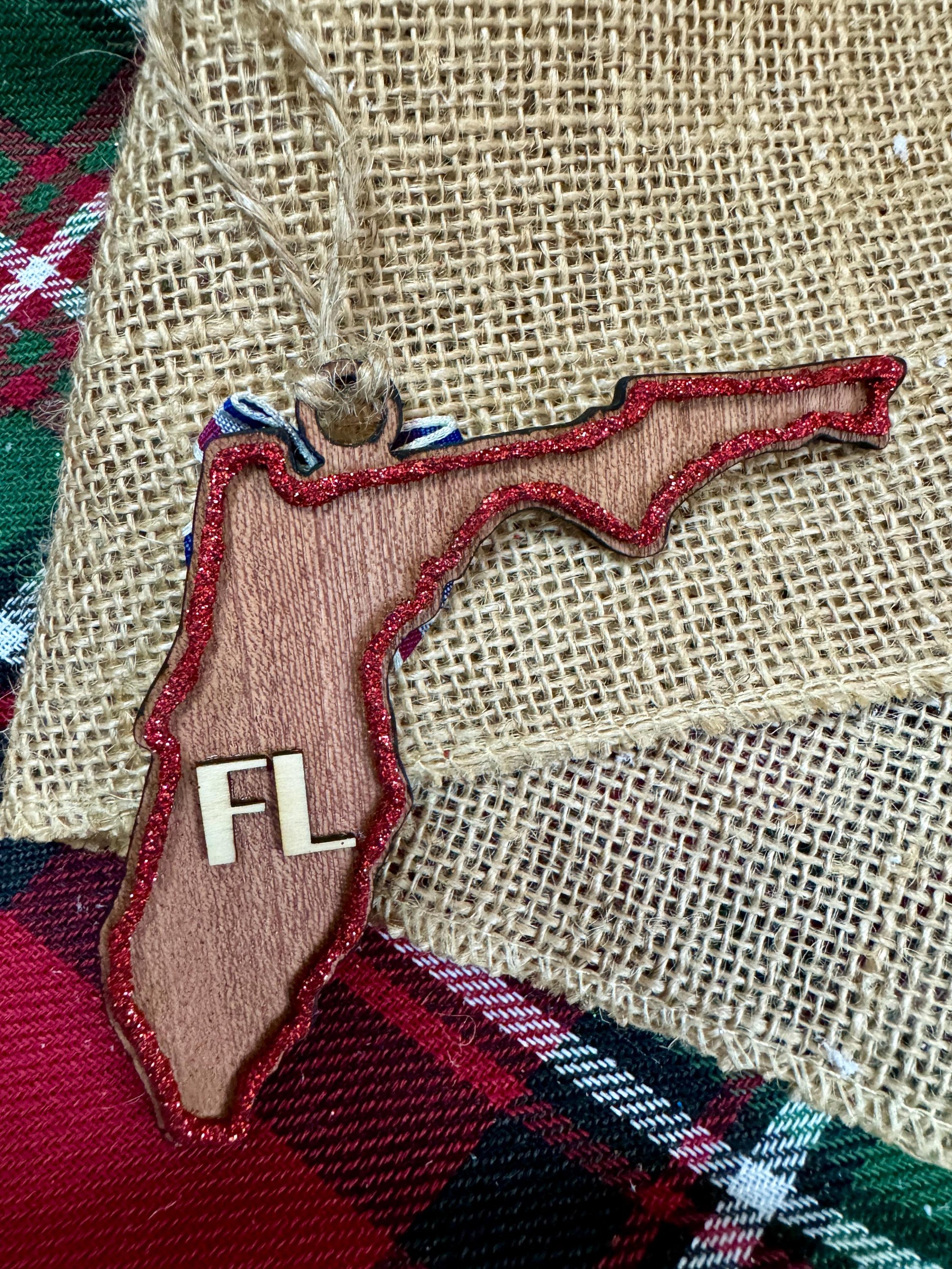 Custom State Ornament: Engraved American Flag, Red Glitter Heart