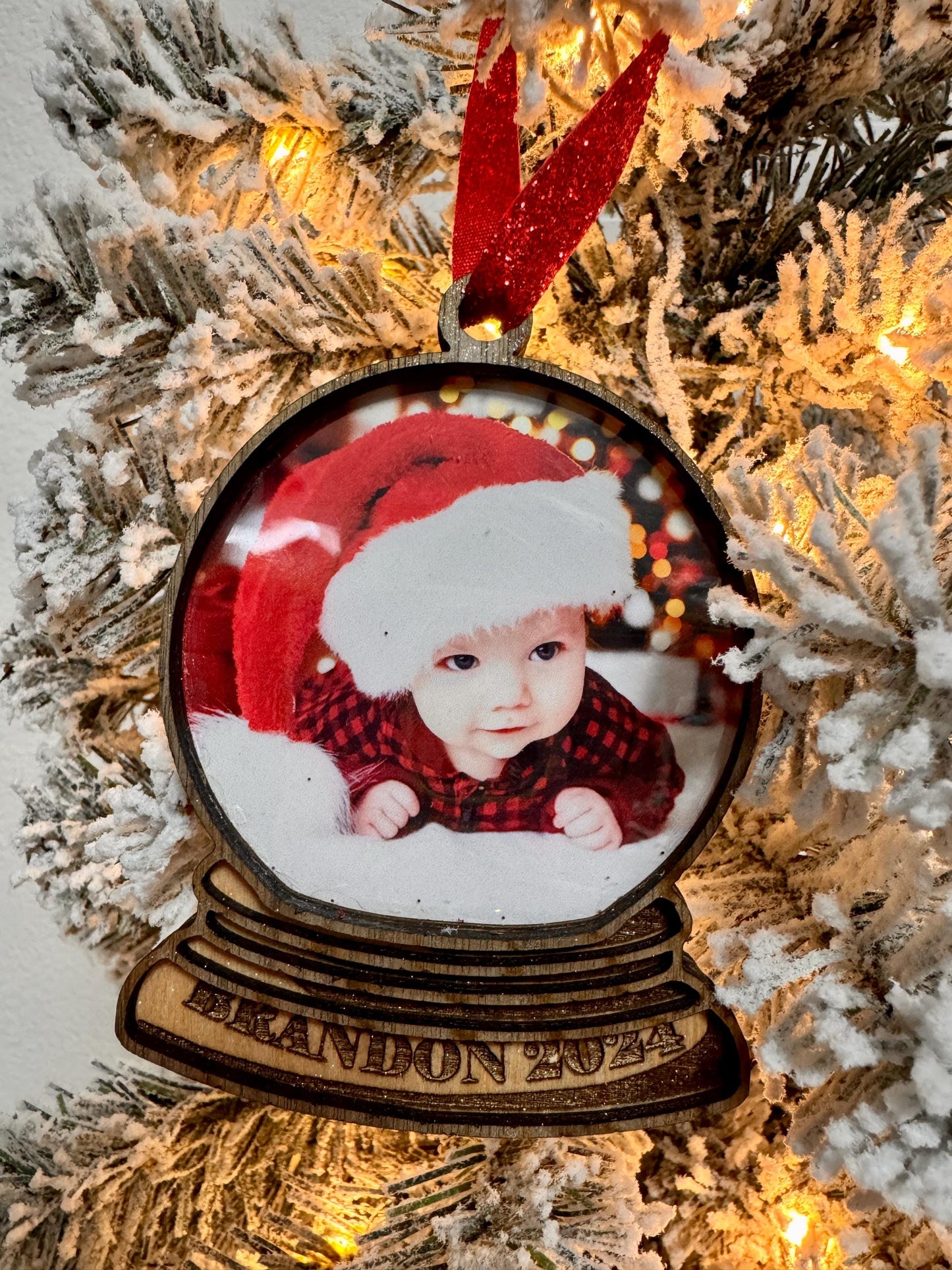 Personalized Photo Snow Globe Ornament: Engraved Wood Christmas Keepsake
