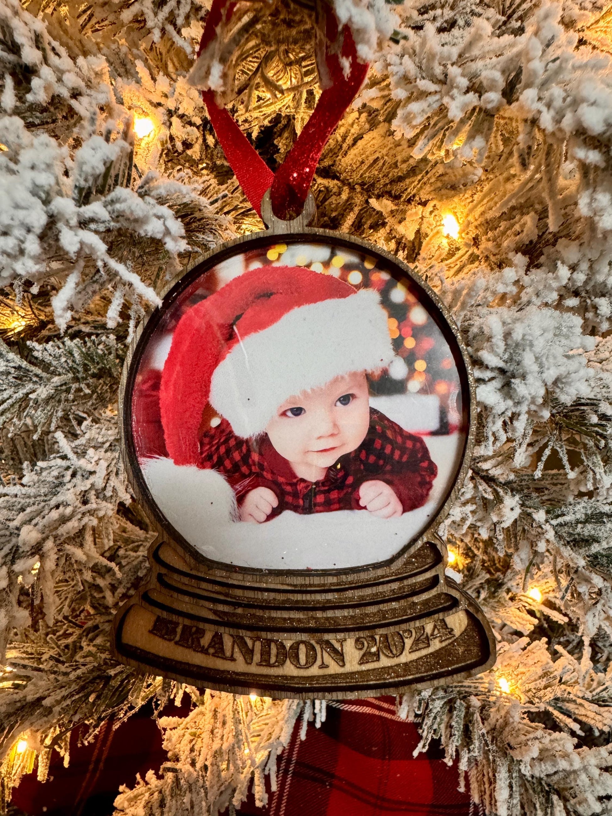 Personalized Photo Snow Globe Ornament: Engraved Wood Christmas Keepsake