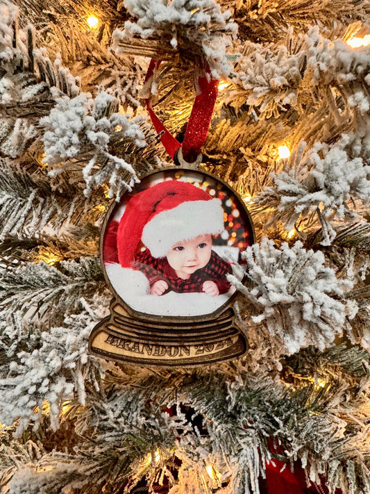 Personalized Photo Snow Globe Ornament: Engraved Wood Christmas Keepsake
