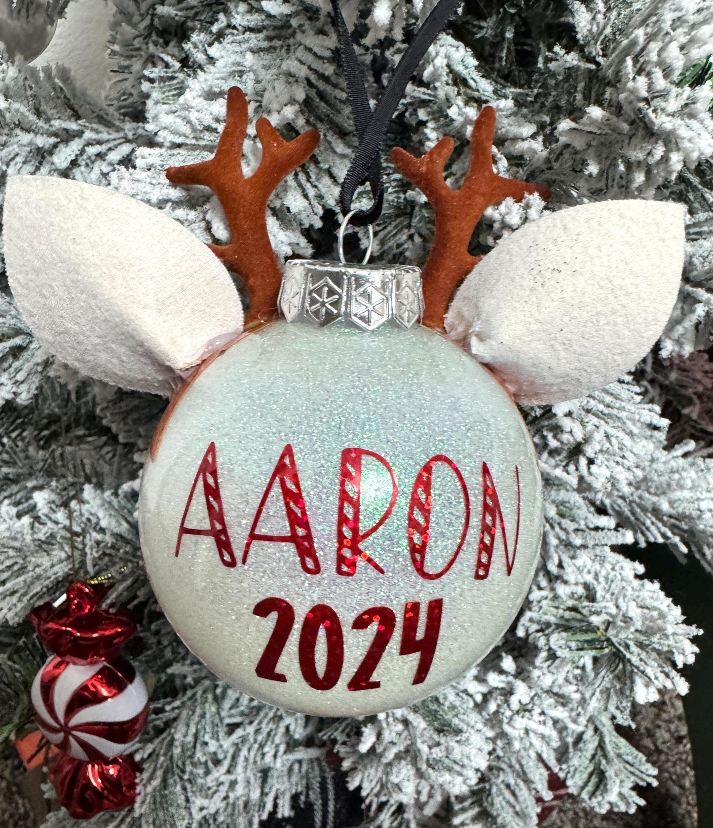Kawaii Reindeer Christmas Ornament: Glitter Shatterproof Ornament with Felt Details