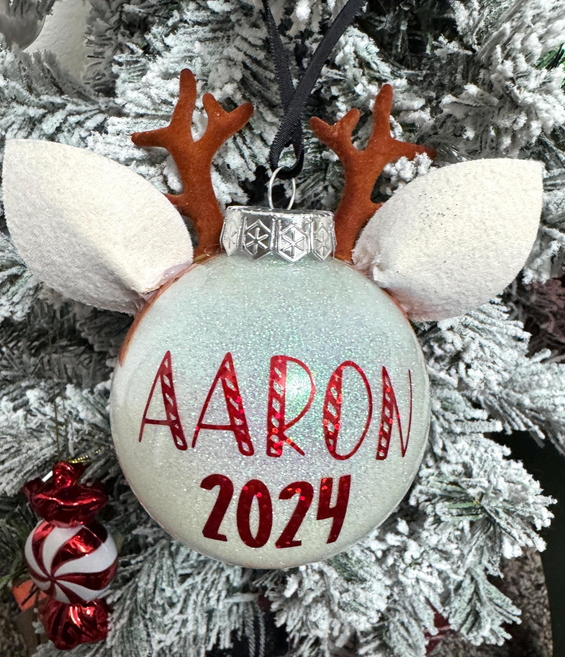 Kawaii Reindeer Christmas Ornament: Glitter Shatterproof Ornament with Felt Details