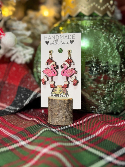 Handmade Flamingo Christmas Earrings: Tropical Holiday Dangles