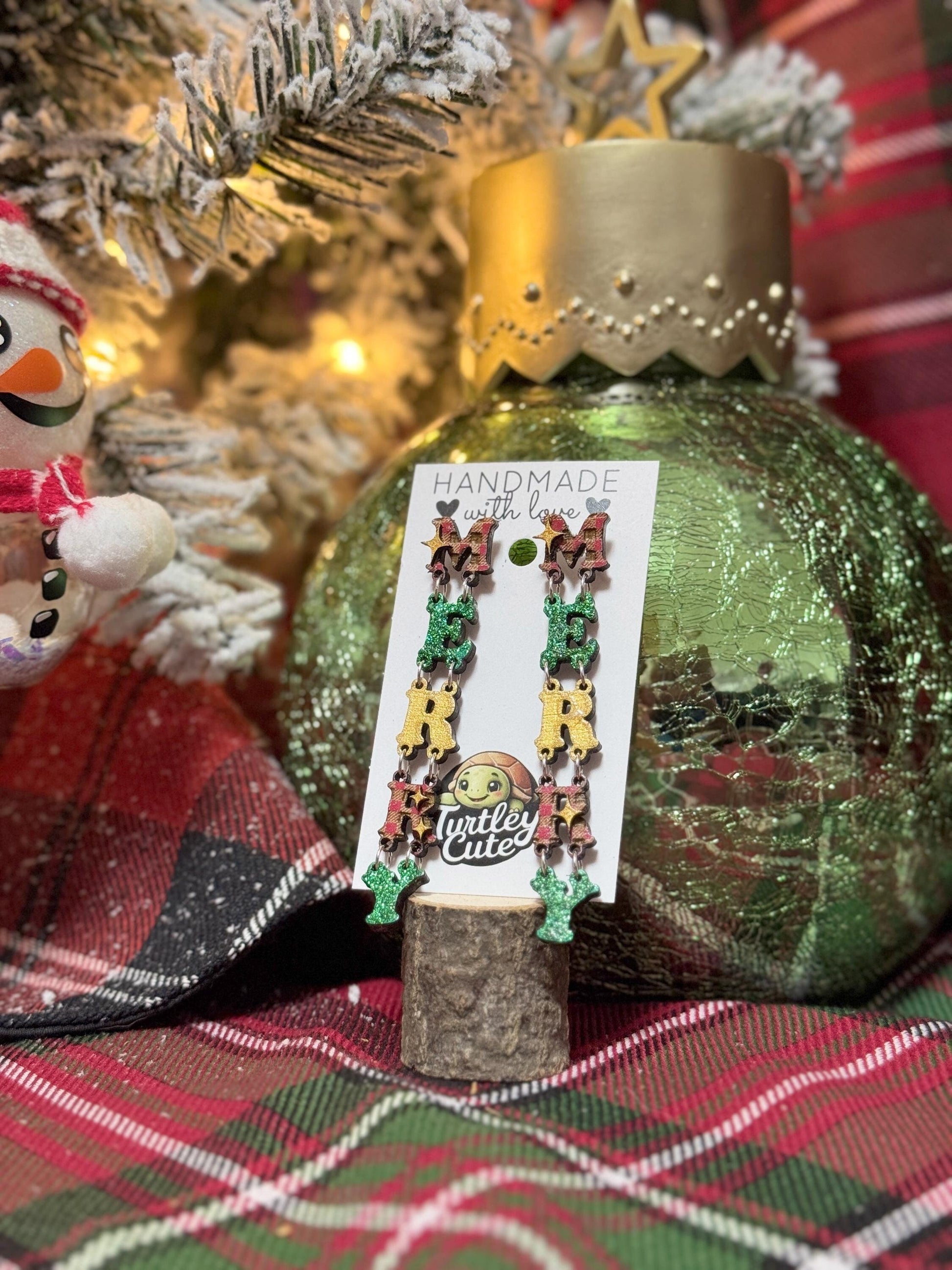 Handmade 'MERRY' Dangle Earrings - Festive Holiday Earrings with Sparkly Accents, Unique Christmas Jewelry