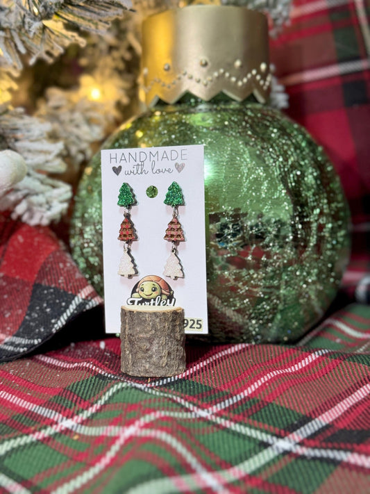 Handmade Christmas Tree Dangle Earrings: Green Glitter, Red Plaid, White Glitter