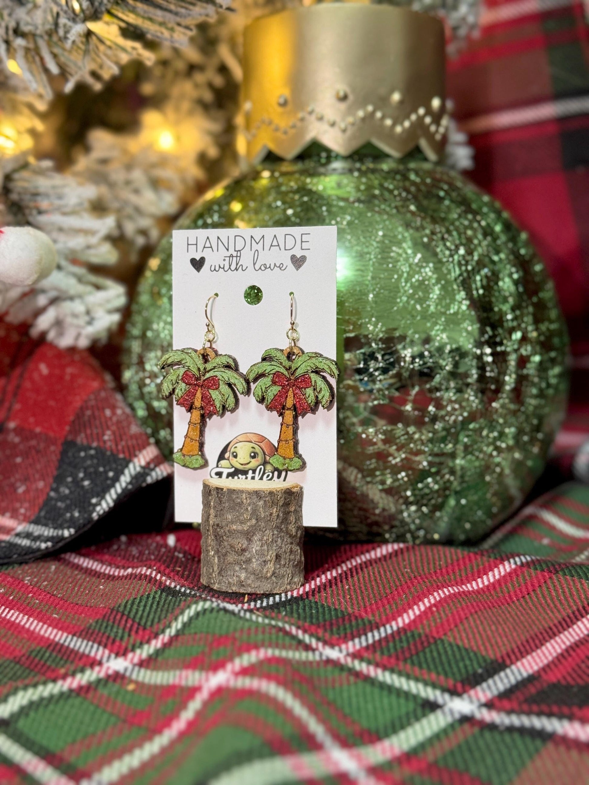 Handmade Tropical Christmas Palm Tree Earrings with Glitter Bow