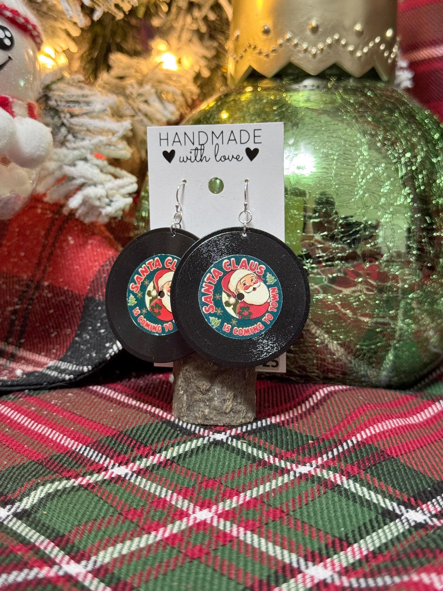 Handmade Vinyl Record Dangle Earrings - Classic Christmas Song Designs, Festive Holiday Jewelry