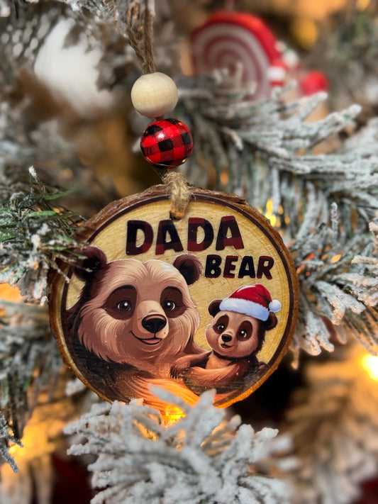 Best Daddy Ever - Handmade Natural Wood Bead - Dada Bear Woodcut Ornament - Gingham Plaid, Perfect Gift for Fathers