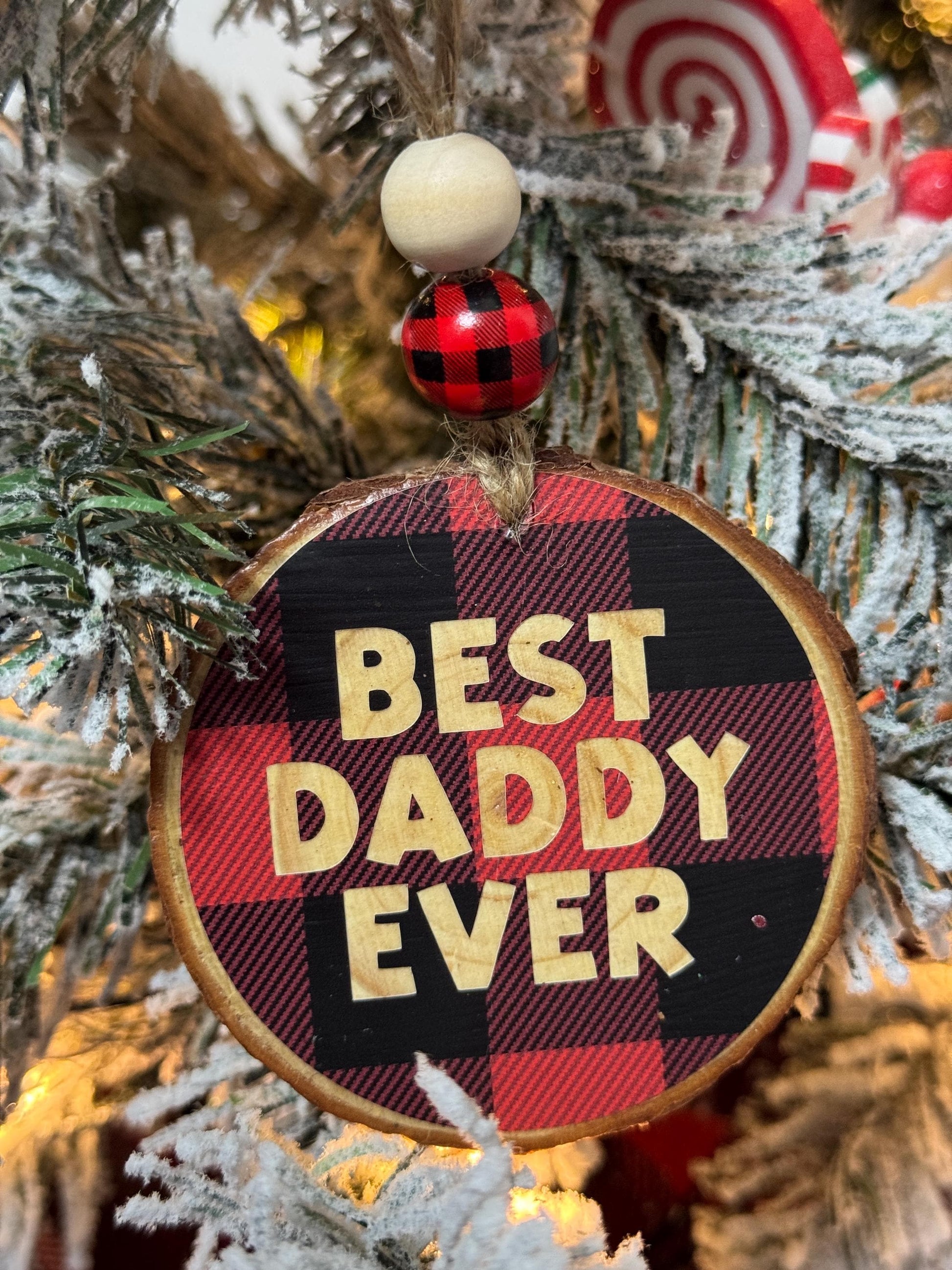 Best Daddy Ever - Handmade Natural Wood Bead - Dada Bear Woodcut Ornament - Gingham Plaid, Perfect Gift for Fathers