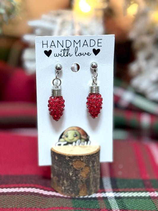 Sparkly Red Light Bulb Earrings - Rhinestone Gem Dangle Earrings, Festive Holiday Jewelry