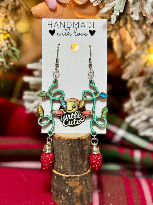 Handmade Red Light Bulb Earrings with Woodcut String Lights - Resin-Coated, Festive Dangle Jewelry