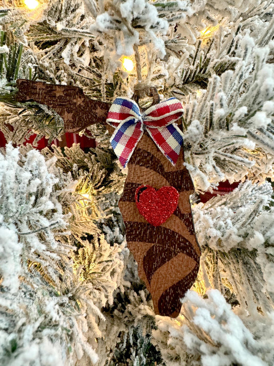 Custom State Ornament: Engraved American Flag, Red Glitter Heart