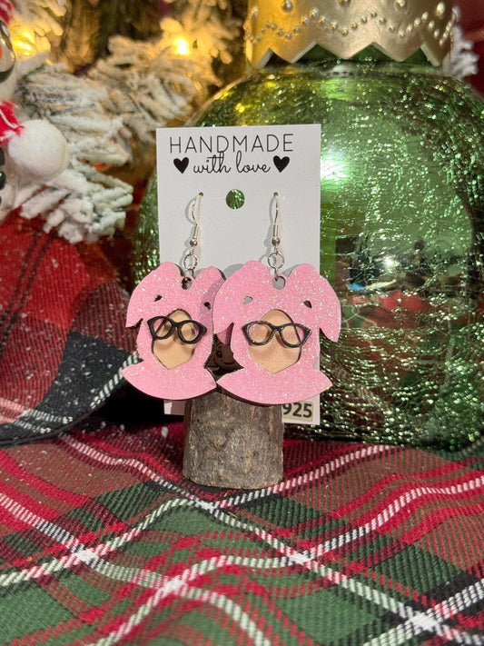 Handmade Pink Bunny Earrings: Glitter Holiday Movie Jewelry