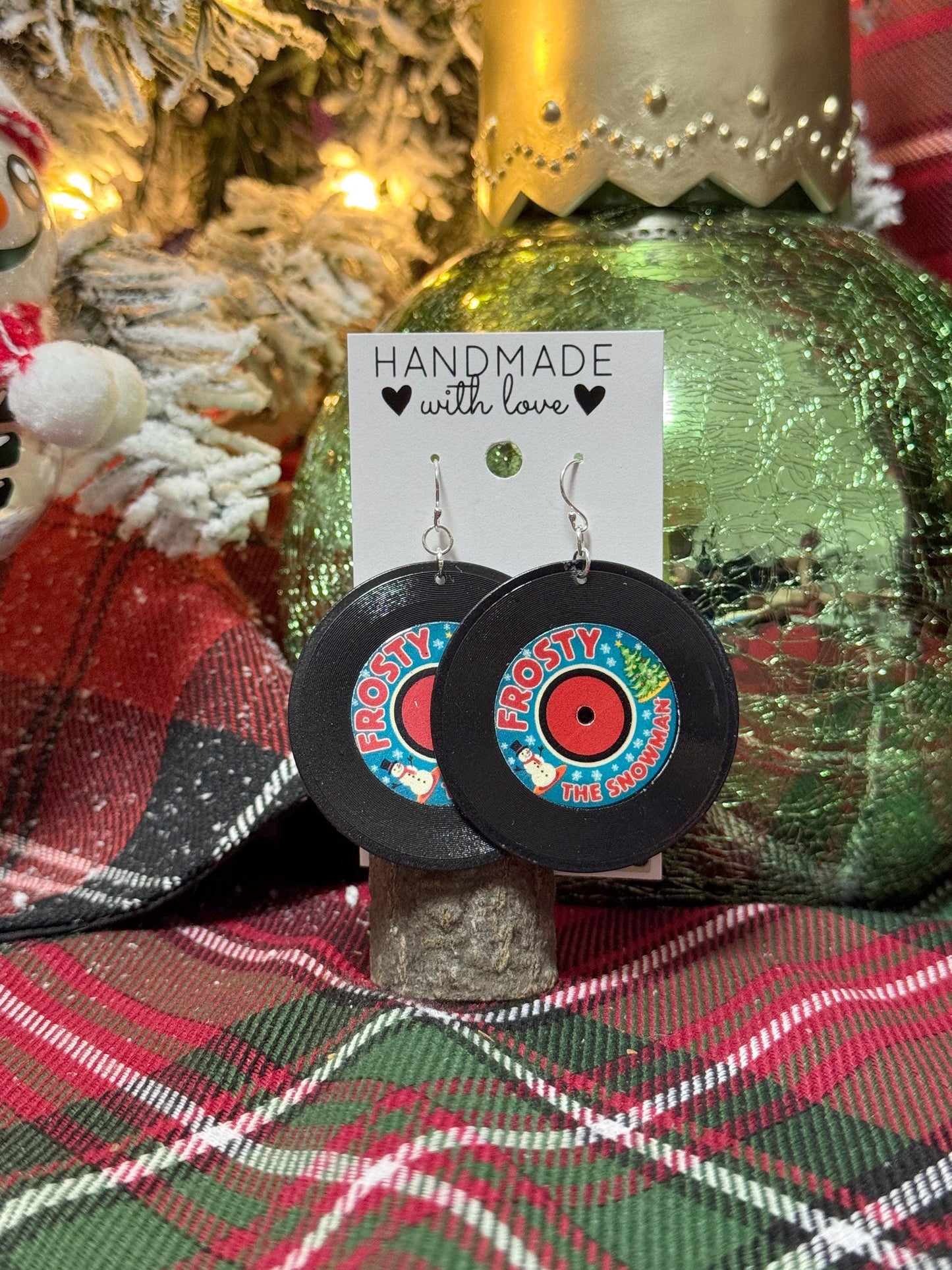 Handmade Vinyl Record Dangle Earrings - Classic Christmas Song Designs, Festive Holiday Jewelry