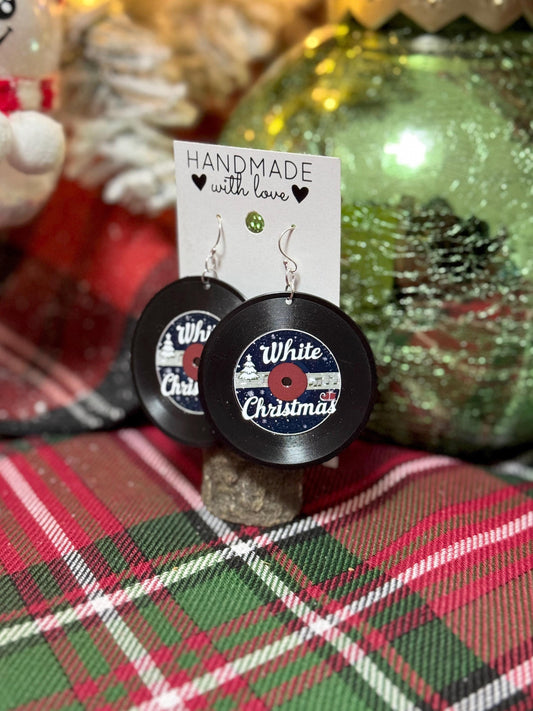 Handmade Vinyl Record Dangle Earrings - Classic Christmas Song Designs, Festive Holiday Jewelry