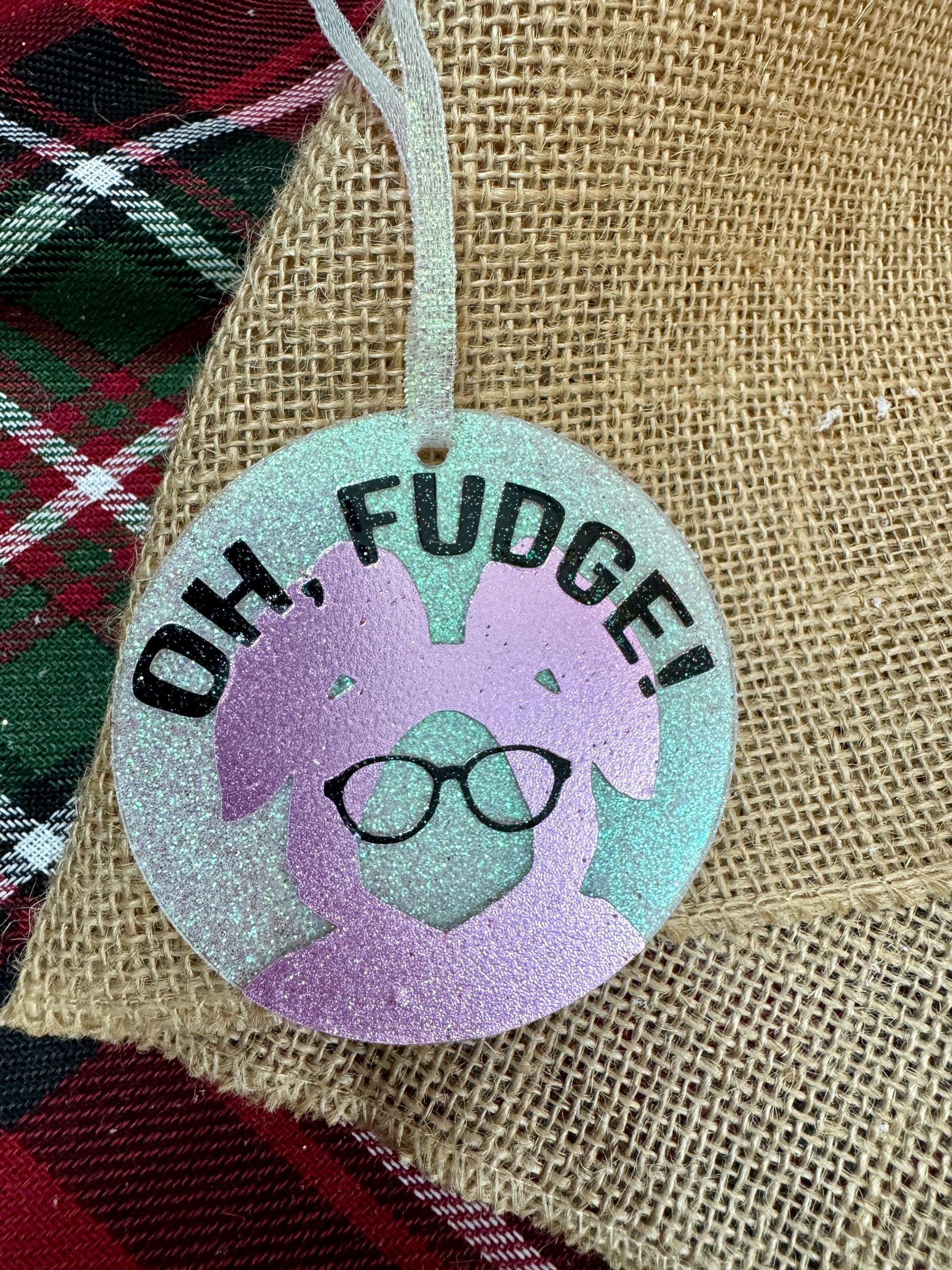 Funny 'Oh, Fudge!' Christmas Ornament - Pink Bunny Suit Design, Acrylic Flat Round