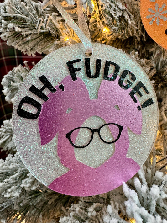 Funny 'Oh, Fudge!' Christmas Ornament - Pink Bunny Suit Design, Acrylic Flat Round