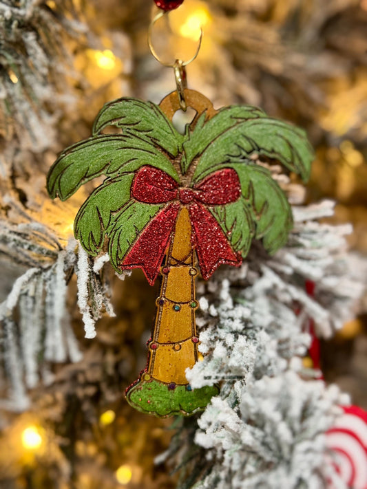 Hand-Painted Wooden Palm Tree Christmas Ornament - Tropical Holiday Decor with Sparkling Bow