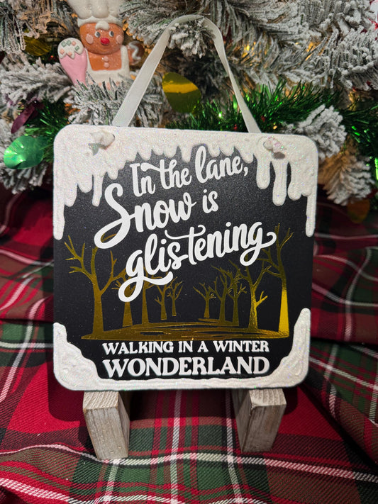 Handcrafted 'Winter Wonderland' Decorative Sign - Gold Foil Letters, Glitter Snow Accent, White Ribbon Hanger