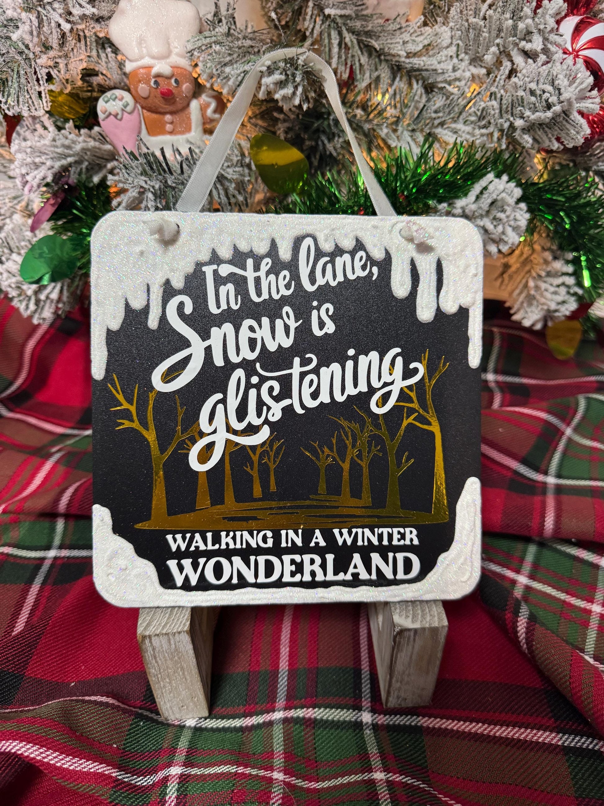 Handcrafted 'Winter Wonderland' Decorative Sign - Gold Foil Letters, Glitter Snow Accent, White Ribbon Hanger