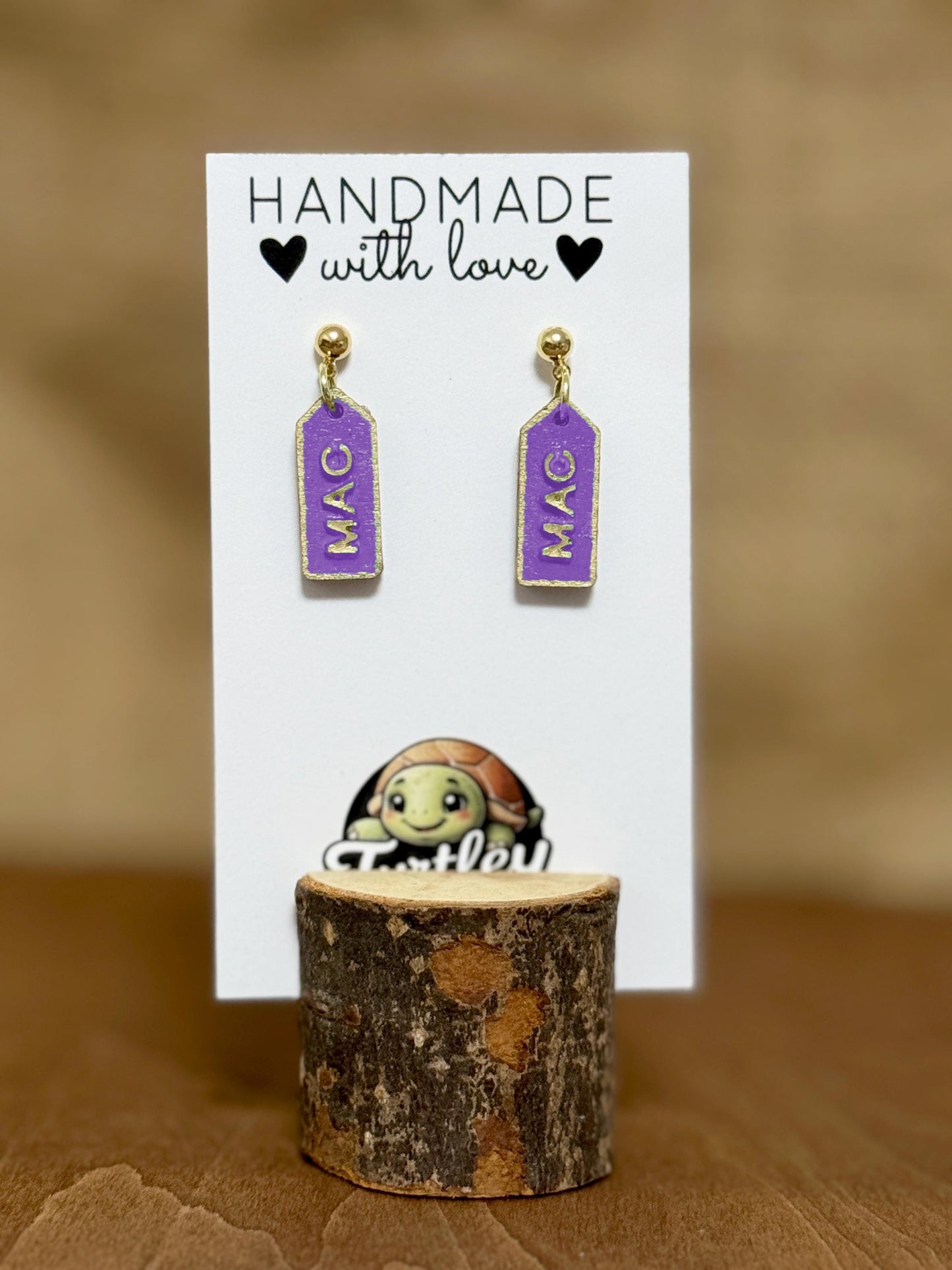Custom Name Tag Earrings: Handpainted Wood, 14K Gold Posts