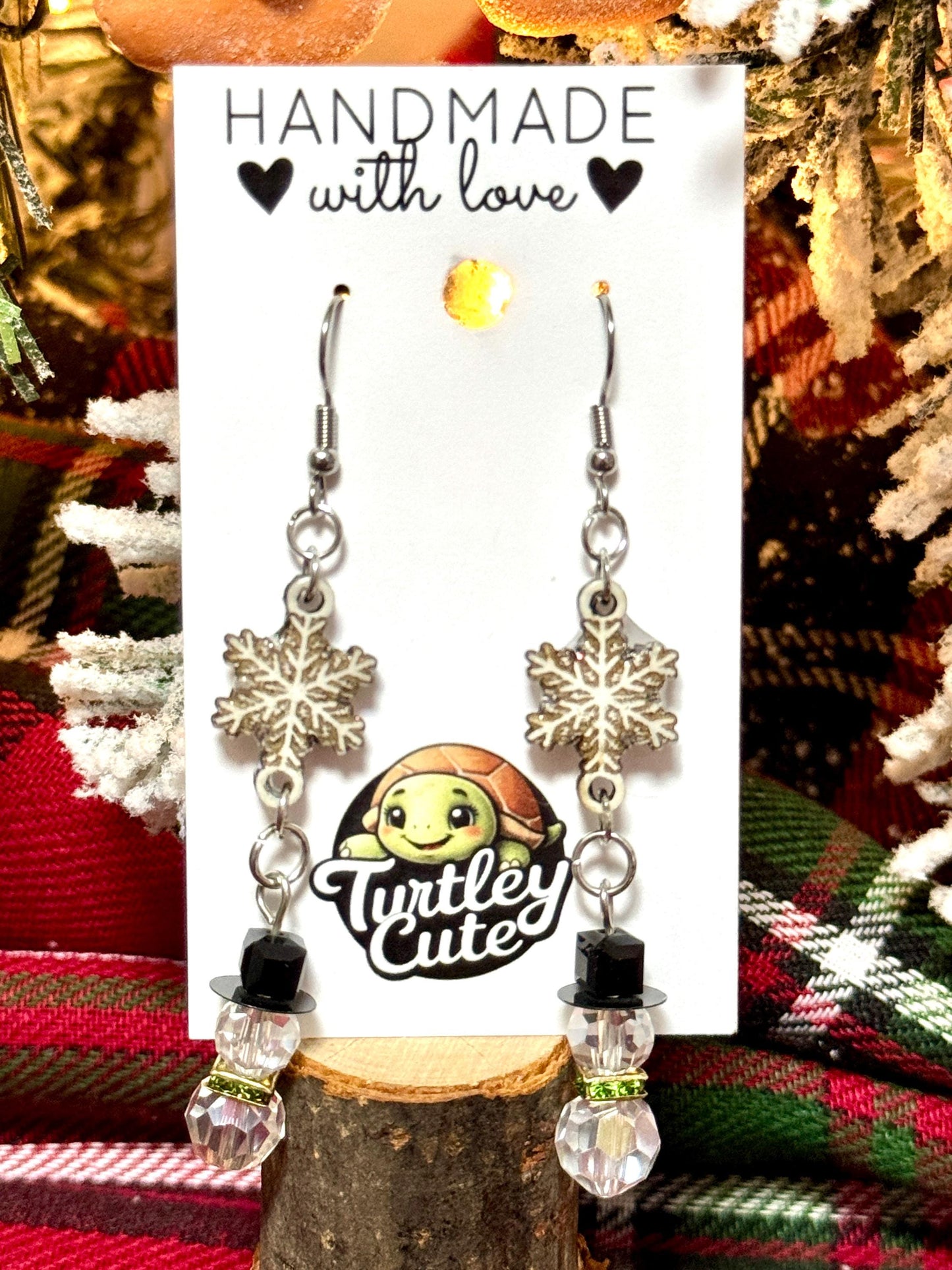Snowman Bead Earrings with Woodcut Snowflake - Glitter Details, Resin Coated, Festive Winter Jewelry