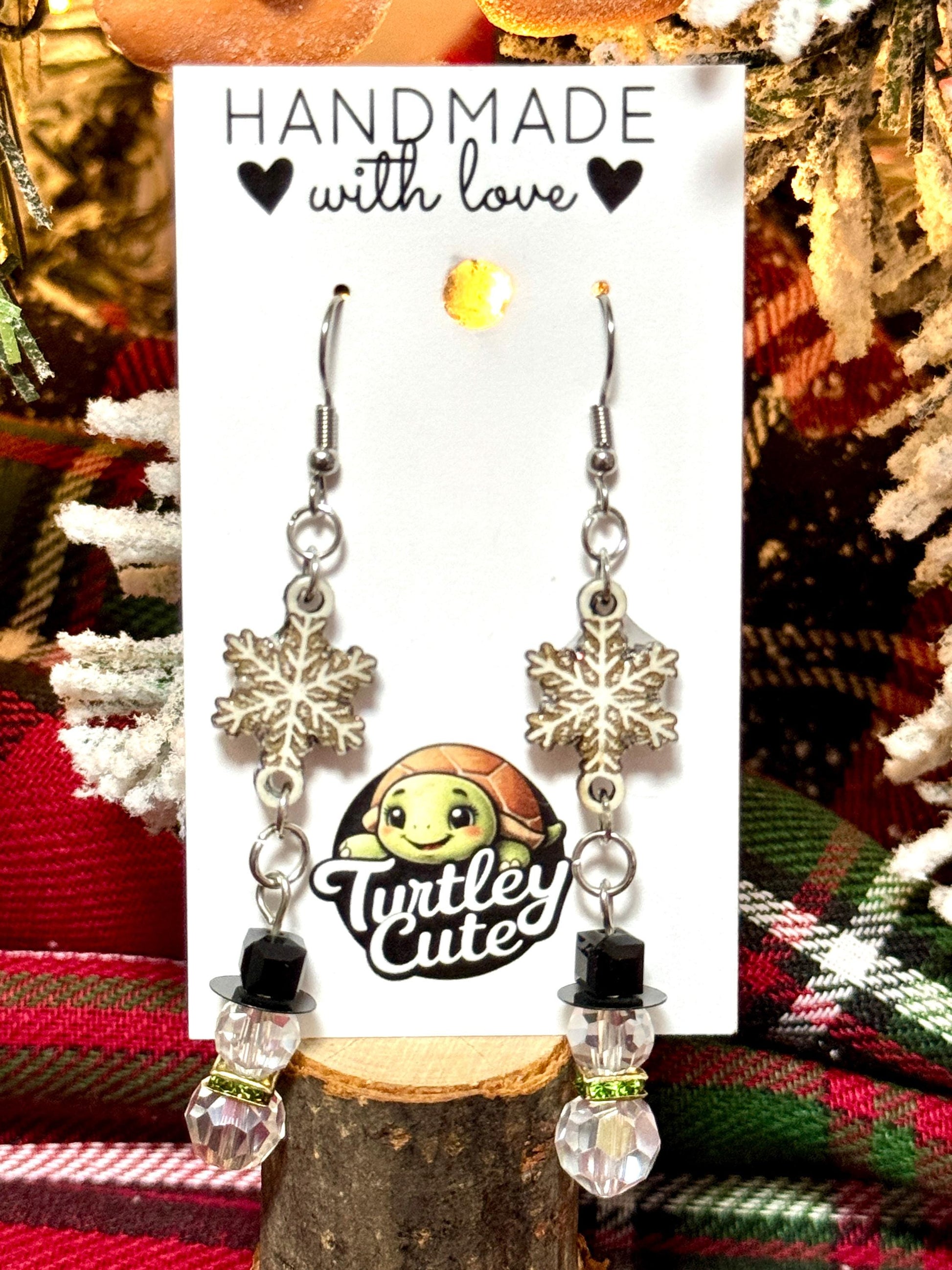 Snowman Bead Earrings with Woodcut Snowflake - Glitter Details, Resin Coated, Festive Winter Jewelry