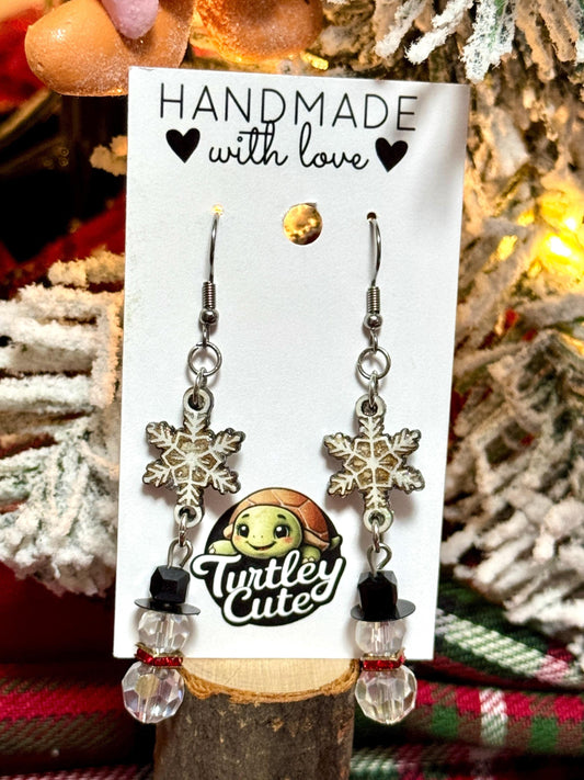 Snowman Bead Earrings with Woodcut Snowflake - Glitter Details, Resin Coated, Festive Winter Jewelry