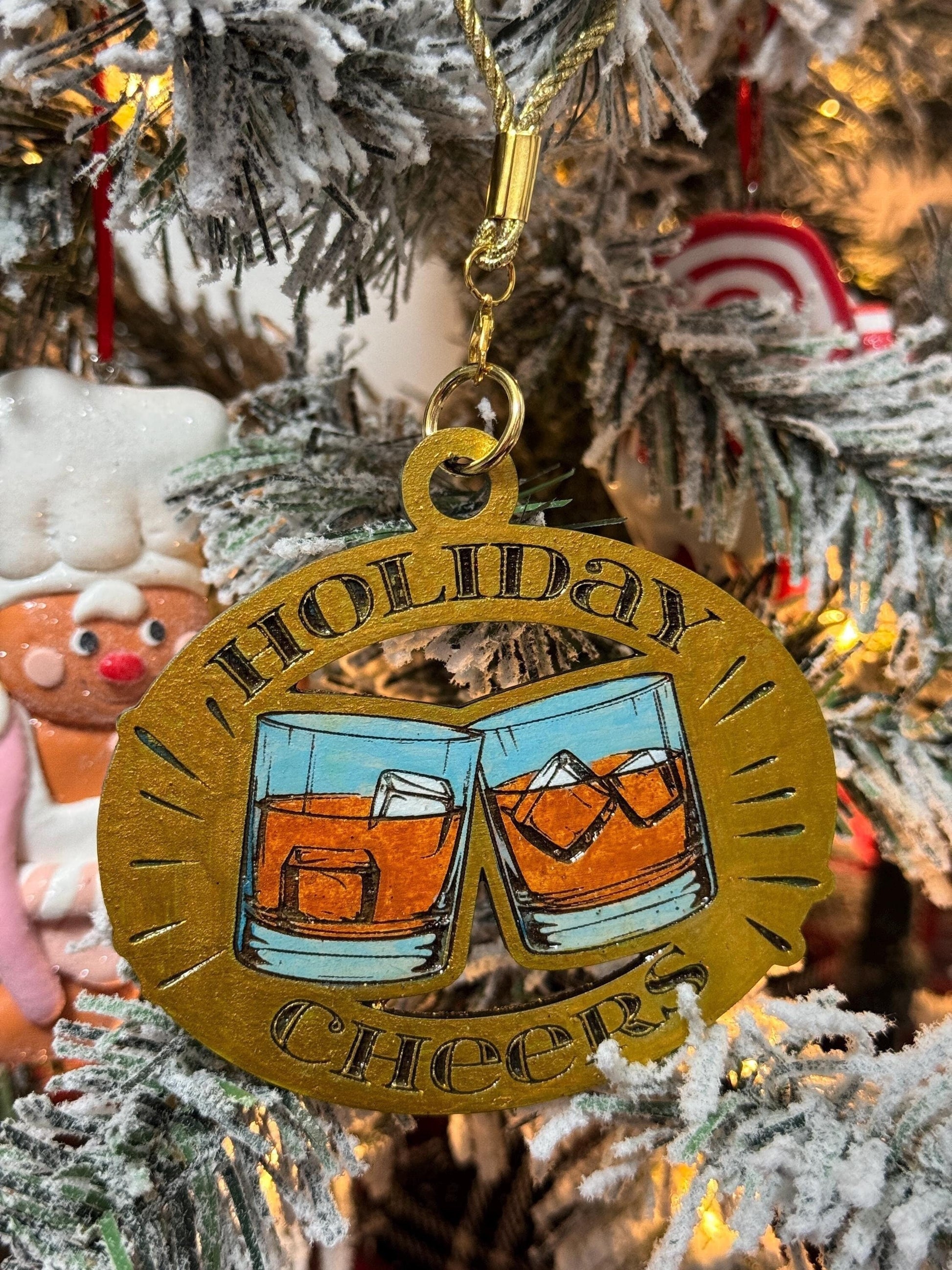 Handmade 'Holiday Cheers' Whiskey Glasses Christmas Ornament with Glitter