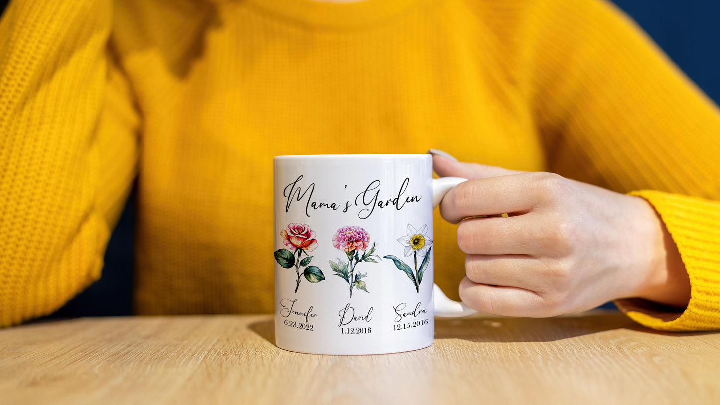 Personalized Mama's Garden Mug: Birth Month Flower Watercolor Design