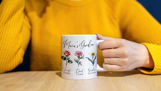 Personalized Mama's Garden Mug: Birth Month Flower Watercolor Design