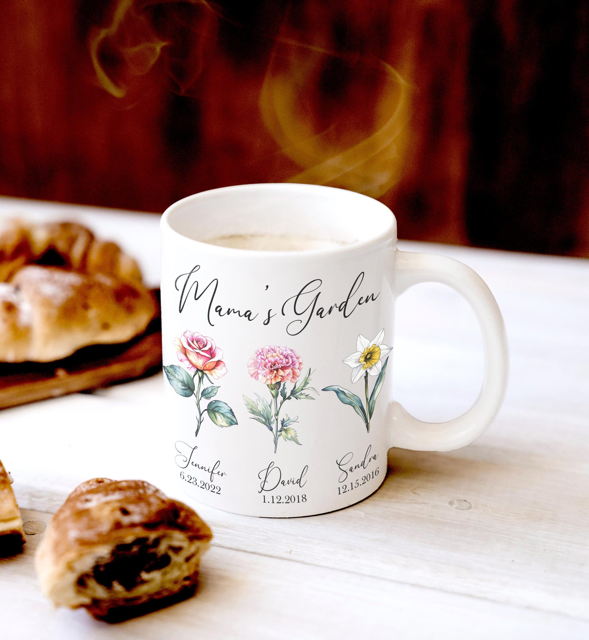 Personalized Mama's Garden Mug: Birth Month Flower Watercolor Design