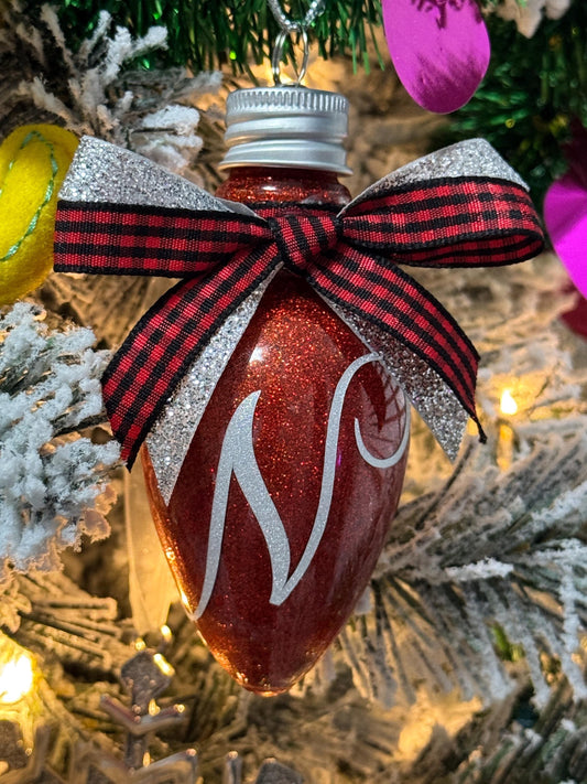 Personalized Glitter Christmas Light Bulb Ornament: Custom Monogram, Red Ribbon