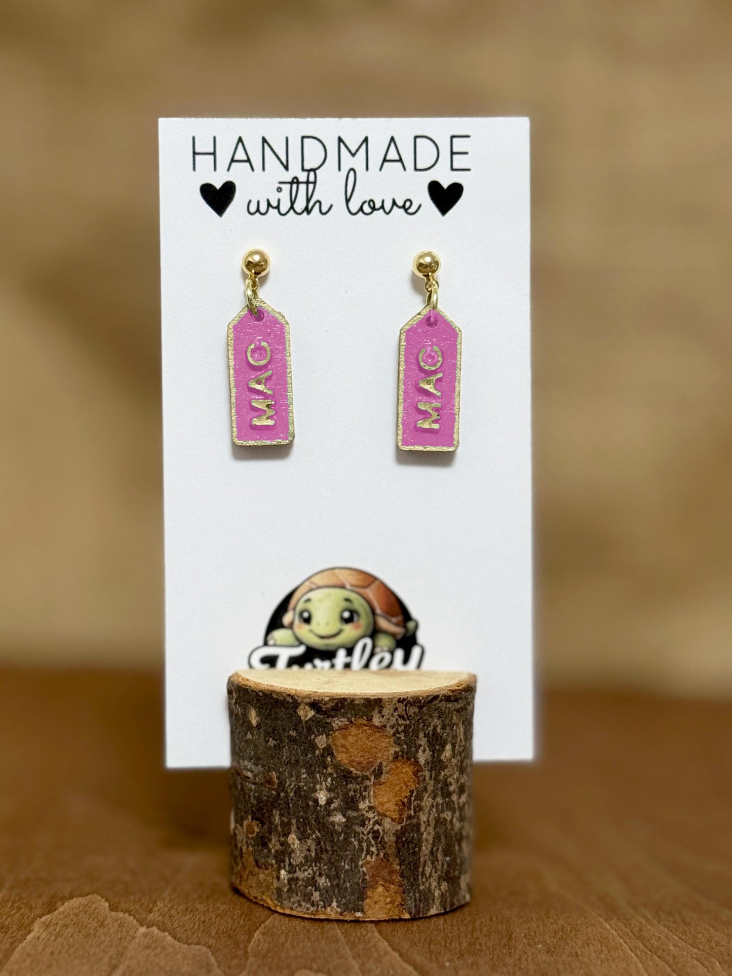 Custom Name Tag Earrings: Handpainted Wood, 14K Gold Posts