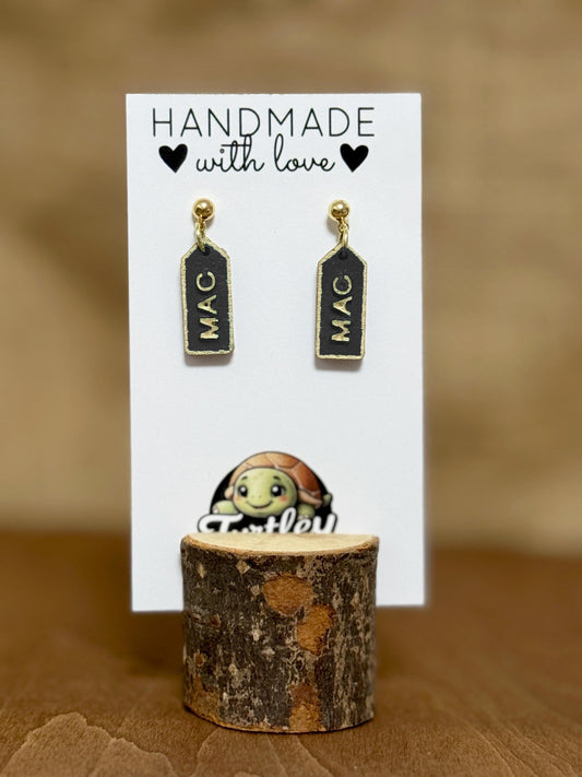 Custom Name Tag Earrings: Handpainted Wood, 14K Gold Posts