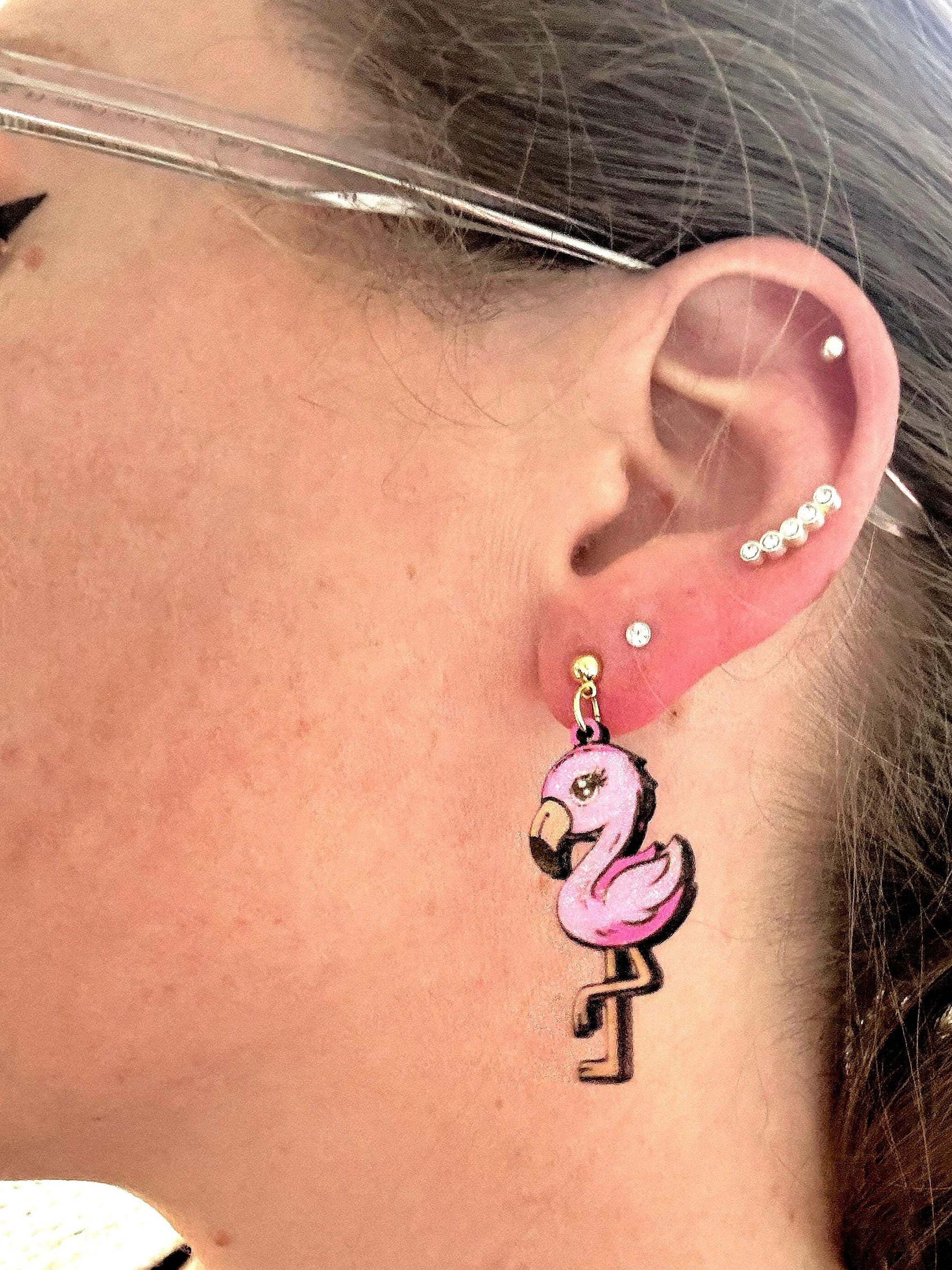 Handmade Wood Flamingo Earrings: Pink Glitter Dangle Jewelry