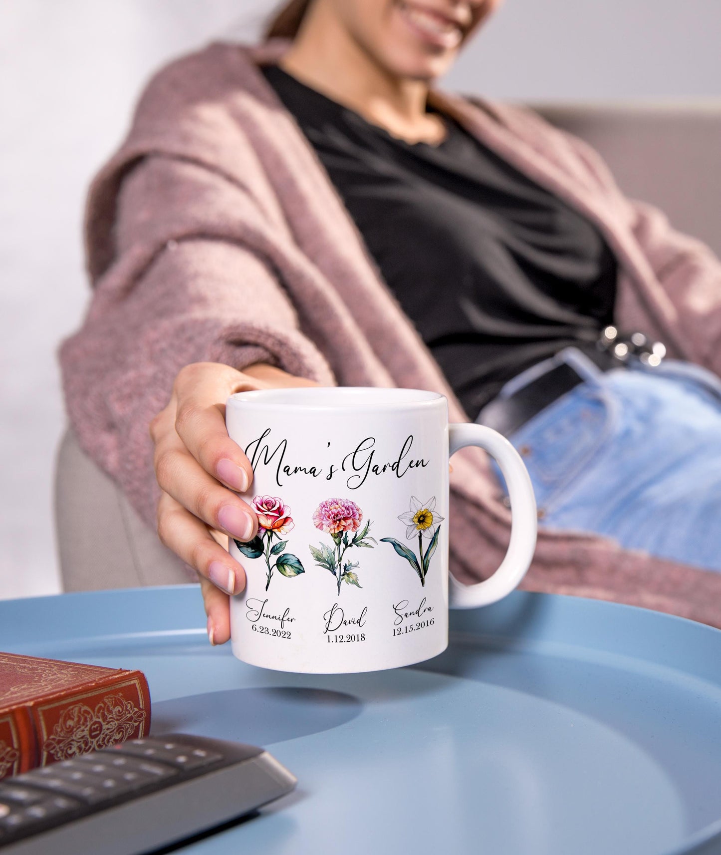 Personalized Mama's Garden Mug: Birth Month Flower Watercolor Design