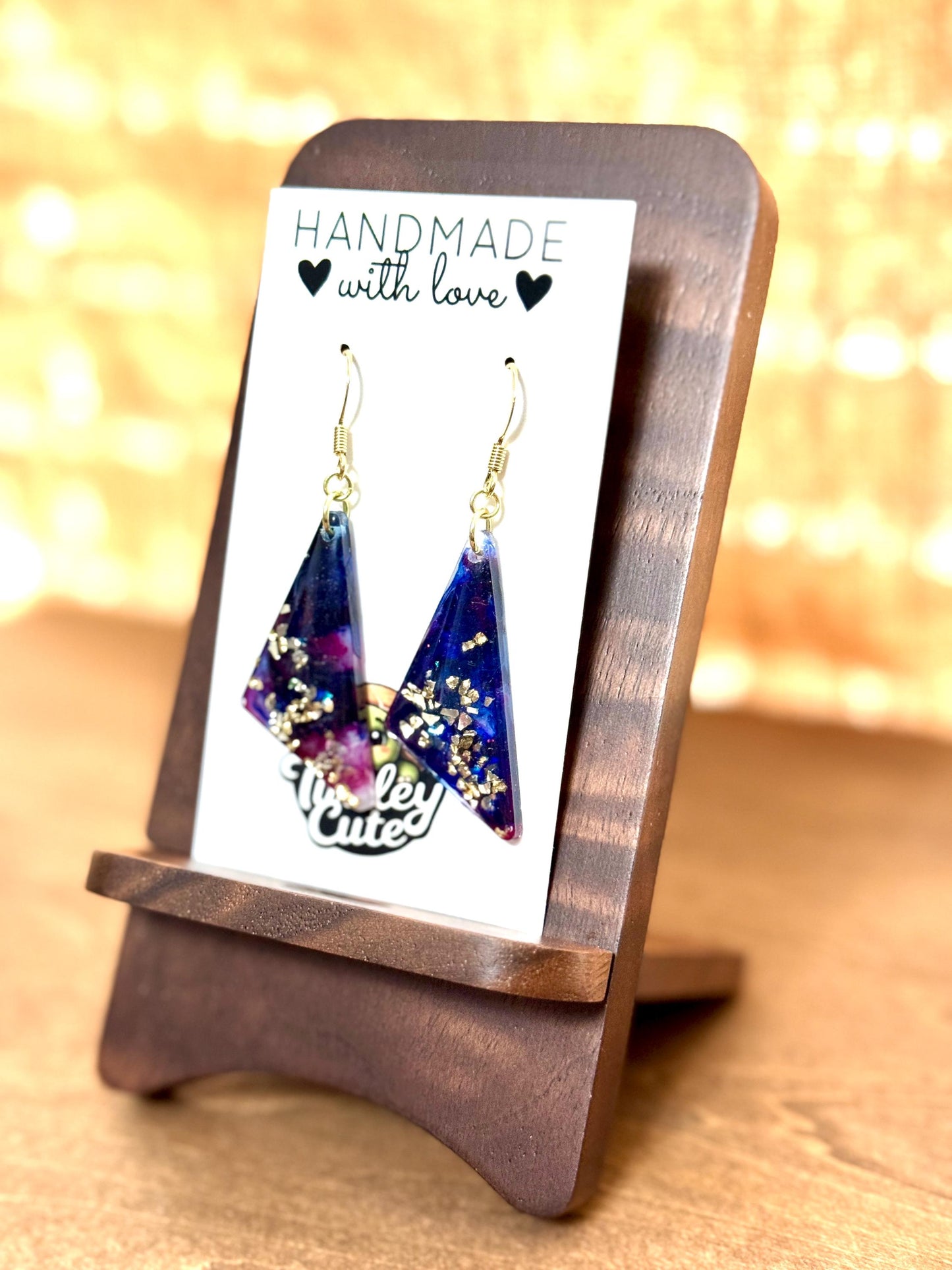 Handmade Resin Dangle Earrings: Dark Blue, Fuchsia Accent, Gold French Hook