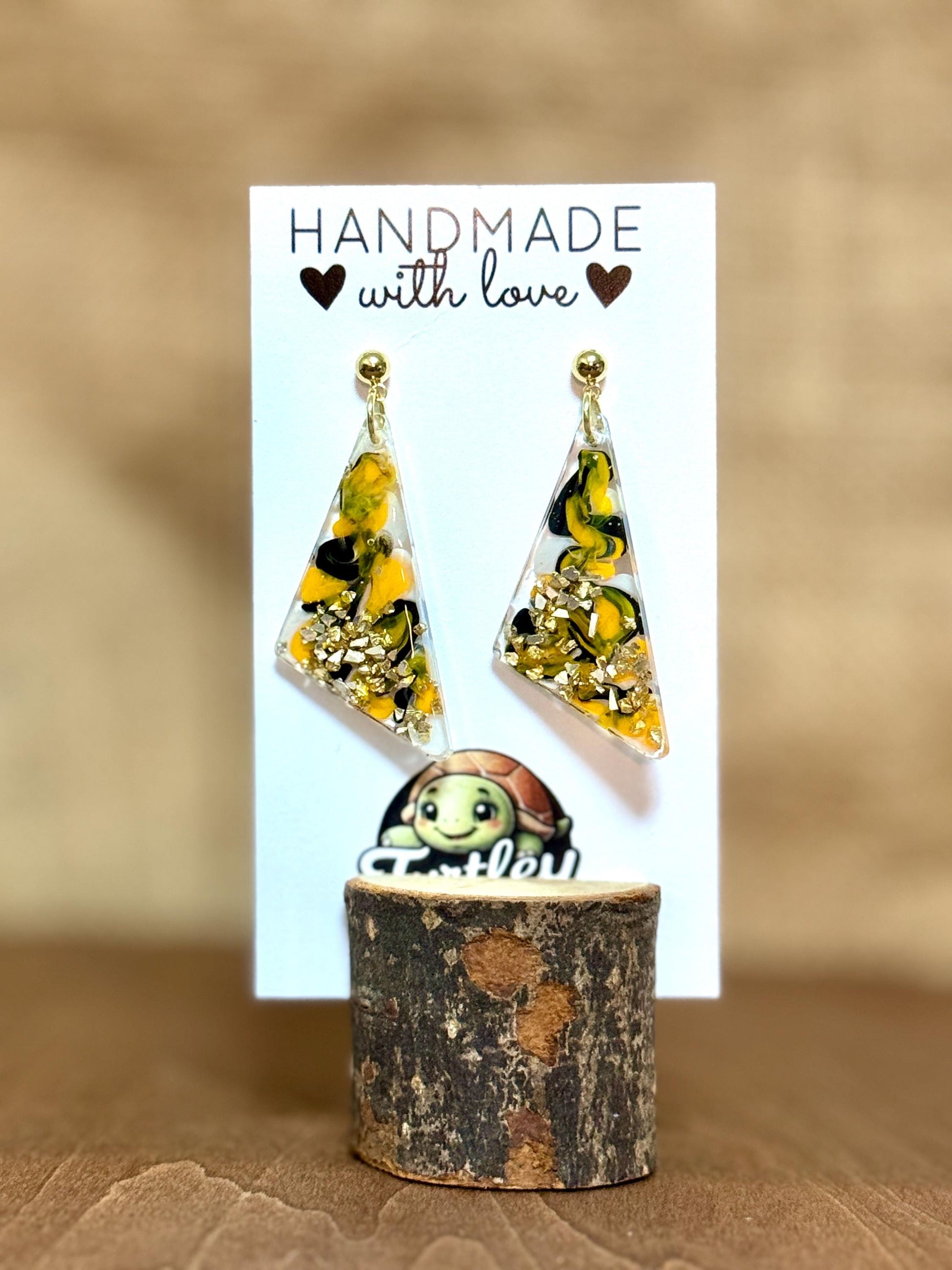 Handmade Resin Dangle Earrings: Black, Yellow, Gold Abstract Jewelry